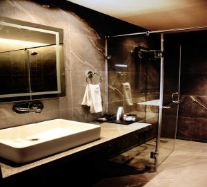 a bathroom with a white sink and a shower at Hotel Palazzo Prime in Tezpur