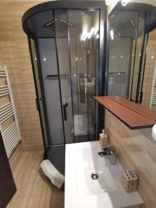 Un baño con lavabo blanco y ducha. en BellaVista Brasov, en Săcele