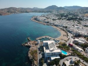 eine Luftansicht auf einen Strand und das Meer in der Unterkunft Pandrossos Hotel - Paros in Parikia