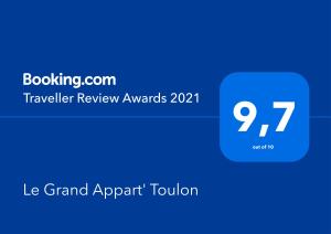 Sertifikatas, apdovanojimas, ženklas ar kitas apgyvendinimo įstaigoje Le Grand Appart' Toulon matomas dokumentas