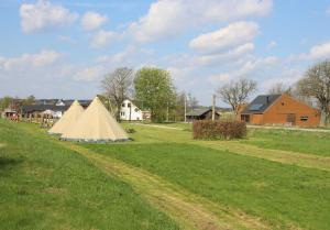 a tent in the middle of a field at Kyst- og Fjordcentret in Ørsted