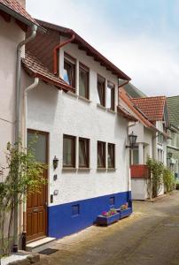 a white and blue house with a brown door at Haus Haas in Lauda-Königshofen