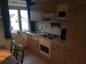 a kitchen with a stove and a sink and a window at Das Landhaus am Haff LHH A04 in Stolpe