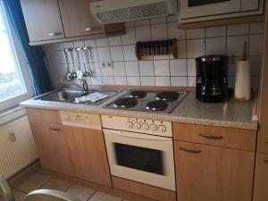 a small kitchen with a stove and a sink at Das Landhaus am Haff LHH A04 in Stolpe