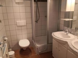 a bathroom with a toilet and a sink and a shower at Das Landhaus am Haff LHH A04 in Stolpe