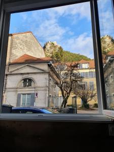 Elle offre une vue sur un vieux bâtiment avec un arbre. dans l'établissement Appartement VanSuly, à Salins-les-Bains