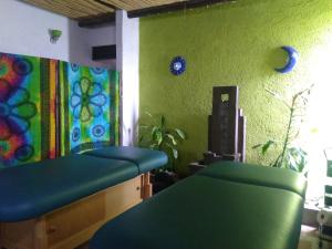 a waiting room with green walls and blue chairs at Casa Maru Hotel in Parras de la Fuente