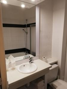 a bathroom with a sink and a toilet and a mirror at La Poularde in Louhans