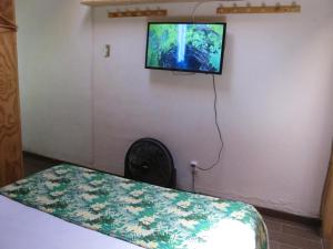 Habitación con cama y TV de pantalla plana en la pared. en Cabañas Lemupewen Chillán 2, en Chillán