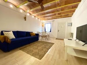 ein Wohnzimmer mit einem blauen Sofa und einem TV in der Unterkunft Apartamentos Vientos de Tabarca in Tabarca