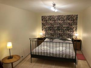 a bedroom with a bed and a painting on the wall at Apartamenty Stokrotka in Lądek-Zdrój