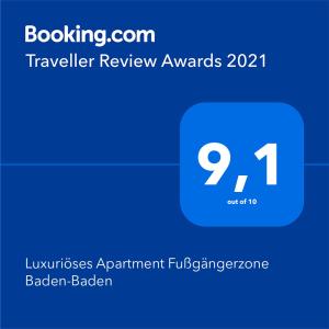 Luxuriöses Apartment Fußgängerzone Baden-Badenに飾ってある許可証、賞状、看板またはその他の書類