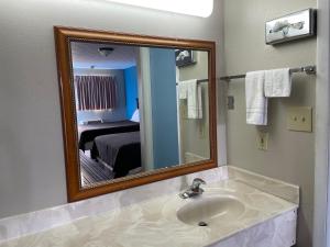 a bathroom with a sink and a mirror at Budget Inn Motel in Bourbon