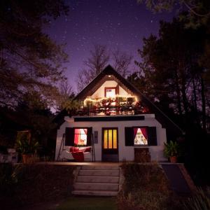 a house with christmas lights on the roof at night at Ladybird Lodge in Bela Crkva