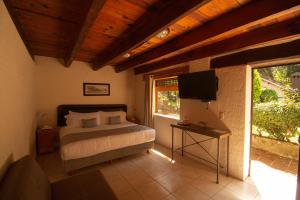 1 dormitorio con 1 cama, TV y ventana en Loto Azul Hotel & Spa en Valle de Bravo