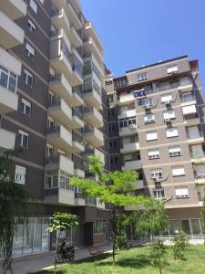 コルチャにあるSILVER apartamentの木が目の前に立つ高層アパートメント