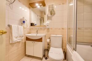 a bathroom with a toilet and a sink and a shower at Twins Hotel in Ankara