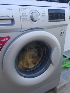 a washing machine with its door open in a room at Select Collection Hammam Sousse appartments in Sousse