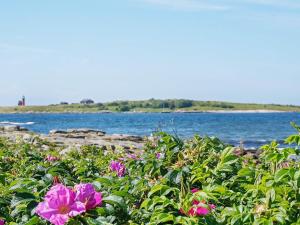 a bunch of flowers in front of a body of water at 6 person holiday home in FALKENBERG in Falkenberg