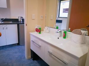 a bathroom with a white sink and a mirror at Aston Court Motel in Blenheim