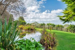 a pond in a garden with a fence at Dangela Boutique Lodge in Auckland