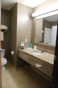 La salle de bains est pourvue d'un lavabo, d'un miroir et de toilettes. dans l'établissement Horizon Inn & Suites, à West Point