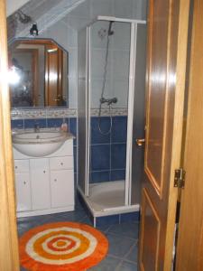 a bathroom with a shower and a sink at Dinas Guesthouse in Lagos