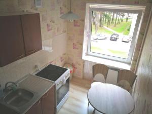 una pequeña cocina con fregadero y ventana en Light one room apartment, en Visaginas