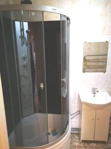 een badkamer met een douche en een wastafel bij Light one room apartment in Visaginas