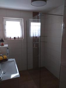a bathroom with a shower and a sink at Ferienwohnung-Nassfeld-Haus Umschaden in Tröpolach