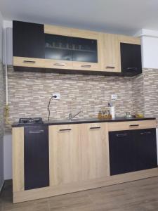 eine Küche mit Holzschränken und einem Waschbecken in der Unterkunft Casa M in Câmpulung Moldovenesc