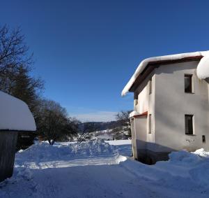 捷克布傑約維採的住宿－U Kapličky，一座被雪覆盖的建筑,位于院子旁边