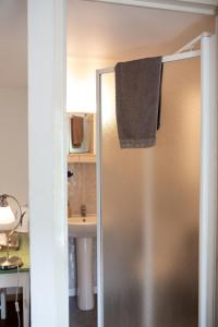 ein Bad mit einem Handtuch, das an einer Duschtür hängt in der Unterkunft La Beuratte in Cornimont
