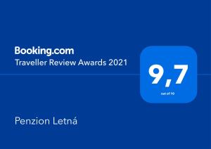Certifikát, hodnocení, plakát nebo jiný dokument vystavený v ubytování Penzion Letná