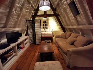 a living room with a couch and a tv at Old Bruges B&B in Bruges