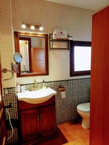 a bathroom with a sink and a toilet and a mirror at Apartamentos Rurales La Lancha in Aldeanueva de la Vera