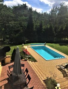 basen na ceglanym patio z dwoma krzesłami w obiekcie Dom Letniskowy na Kaszubach z podgrzewanym basenem w mieście Ostrowite