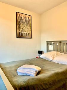 een slaapkamer met een bed met een deken erop bij APARTAMENT GIMNAZJALNA 8a (Maria Mąka) in Zakopane