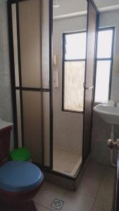 a bathroom with a shower with a toilet and a sink at Hotel Utama in Copacabana