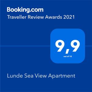 Certifikát, hodnocení, plakát nebo jiný dokument vystavený v ubytování Lunde Sea View Apartment