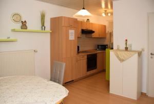 a kitchen with wooden cabinets and a table in a room at Pension Nickel Marktstraße 11 Alsbach-Hähnlein in Alsbach-Hähnlein