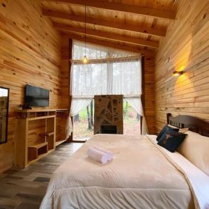 a bedroom with a large bed in a wooden cabin at SpazioVèneto in Mazamitla