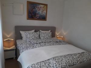 1 cama en un dormitorio con una foto en la pared en Ferienhaus Weingarten Eisenberg, en Vaskeresztes