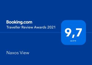 Certifikát, hodnocení, plakát nebo jiný dokument vystavený v ubytování Naxos View