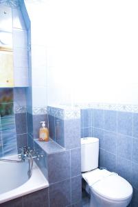 a blue tiled bathroom with a toilet and a sink at Apartments on Yavornitsky av. in Dnipro