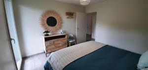 1 dormitorio con cama y espejo en la pared en Le coeur du saphir, en Thonon-les-Bains