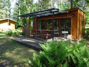 a wooden cabin with a picnic table in a forest at Osrodek Wypoczynkowy RAJ in Mostowo