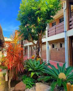 a garden in front of a building with a tree at Pousada Do Farol in Capão da Canoa