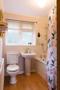 a bathroom with a toilet and a sink and a tub at Castle Gate by Spa Town Property - Central Location with Large Living Space in Warwick