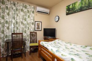 a bedroom with a bed and a flat screen tv at Garden Nikko Guest House in Nikko